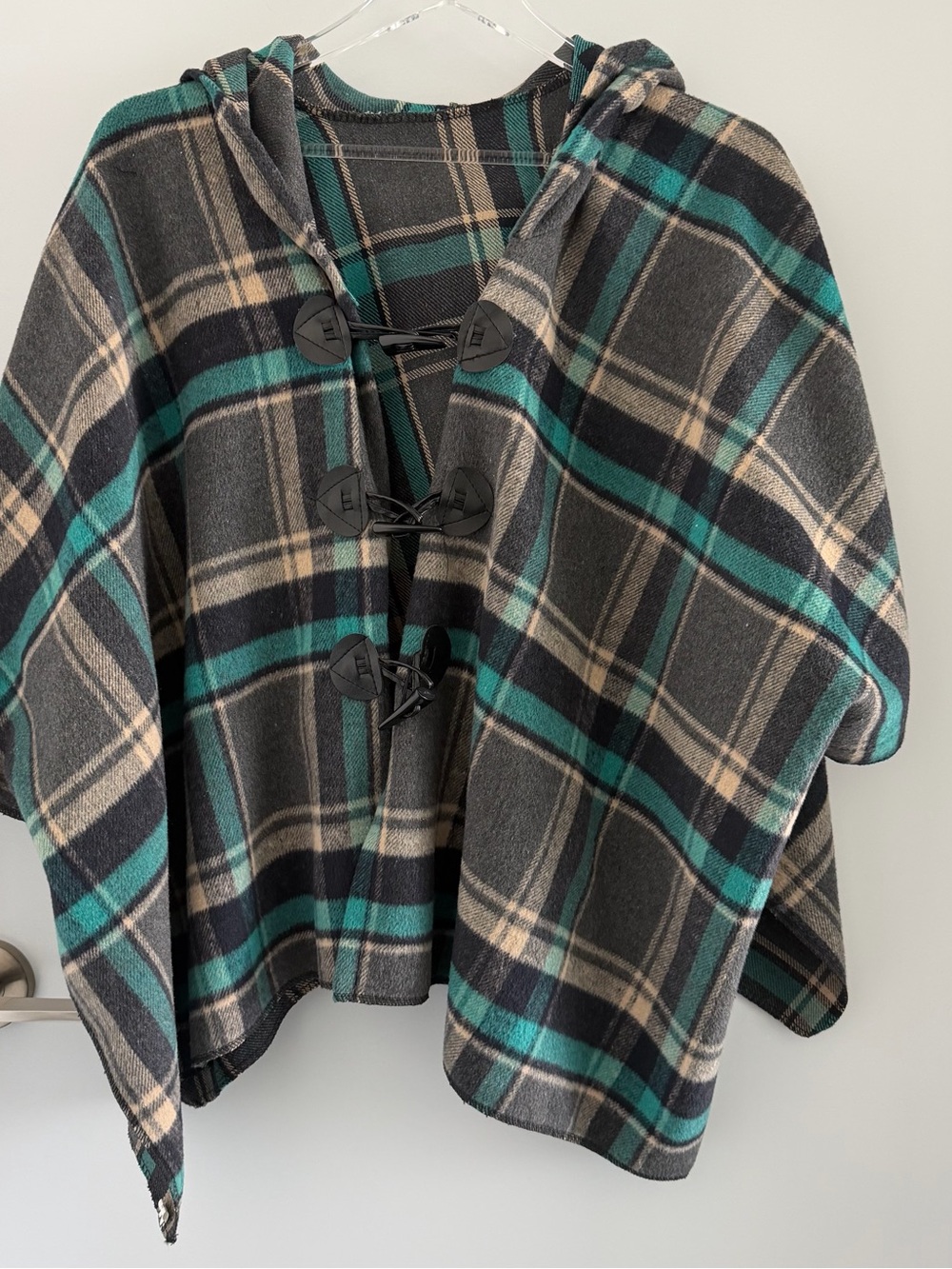 NWOT - Plaid Hooded Toggle Poncho Jacket in Teal and Gray